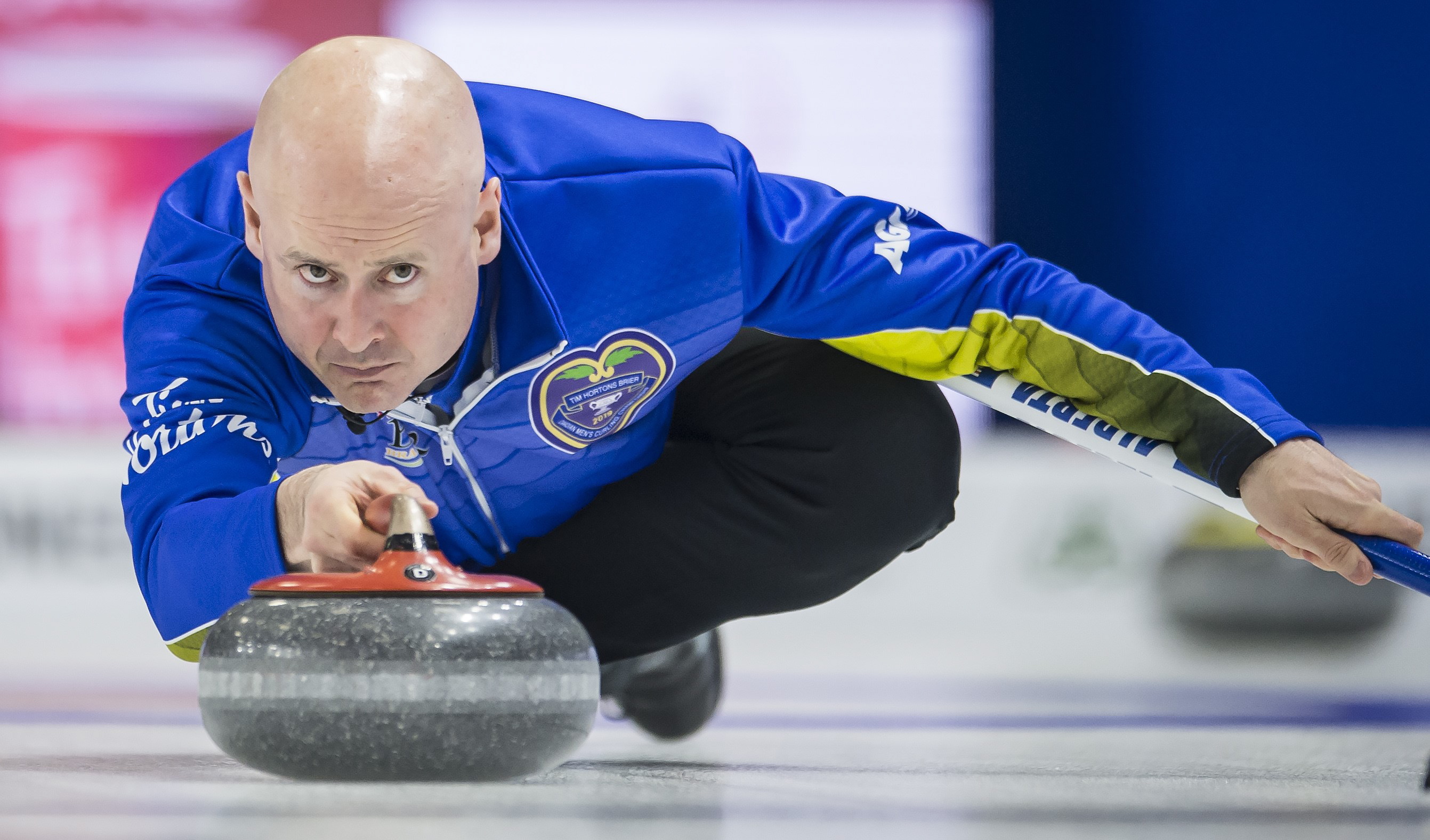 Team Alberta skip Kevin Koe makes a shot during the fourth draw against team Ontario at the Brier in Brandon, Man., Sunday, March, 3, 2019. 