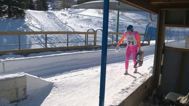 Canadian luge athlete Bob Gasper completes a run on the track at WinSport on Sunday.