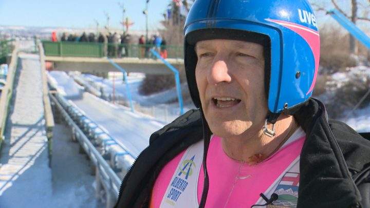 Canadian luge athlete Bob Gasper completes a run on the track at WinSport on Sunday.