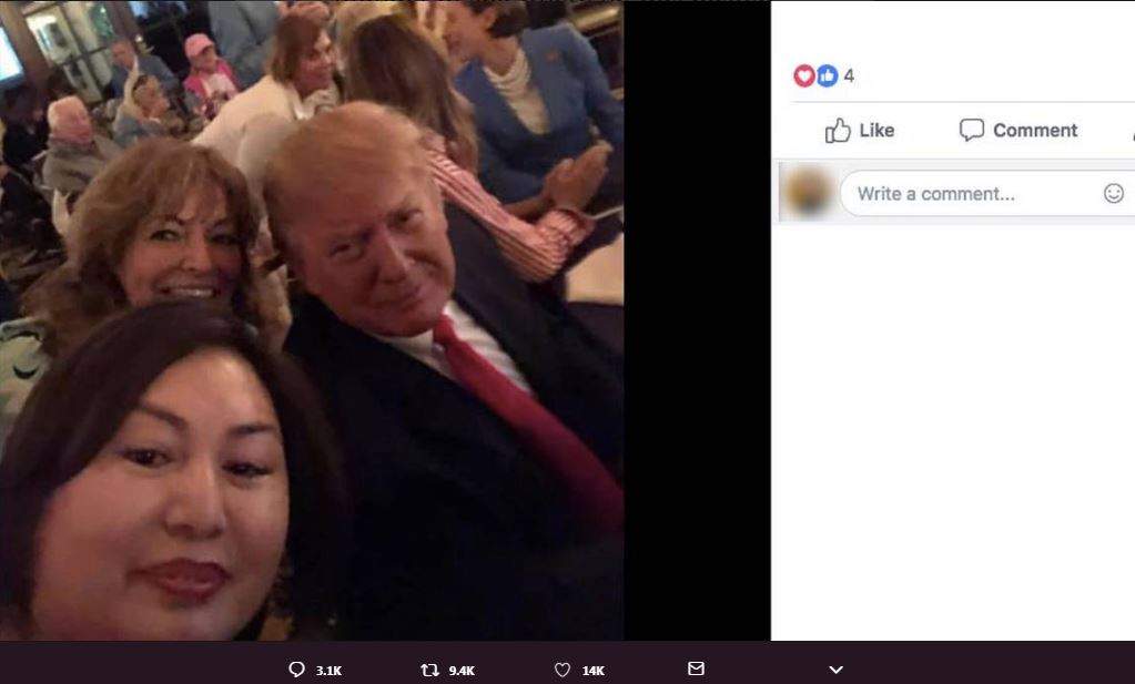Li Yang (left) snapped a blurry selfie with a smiling Donald Trump at his Super Bowl Party.