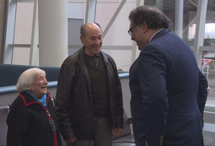 Marthe and Major L. Cohn meet Mayor Naheed Nenshi on Sunday in Calgary.