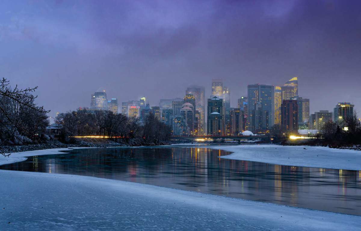 A stunning shot of Calgary with the Bow River in the foreground. This photo was captured by Murray Cotton on the evening of January 17, 2019.