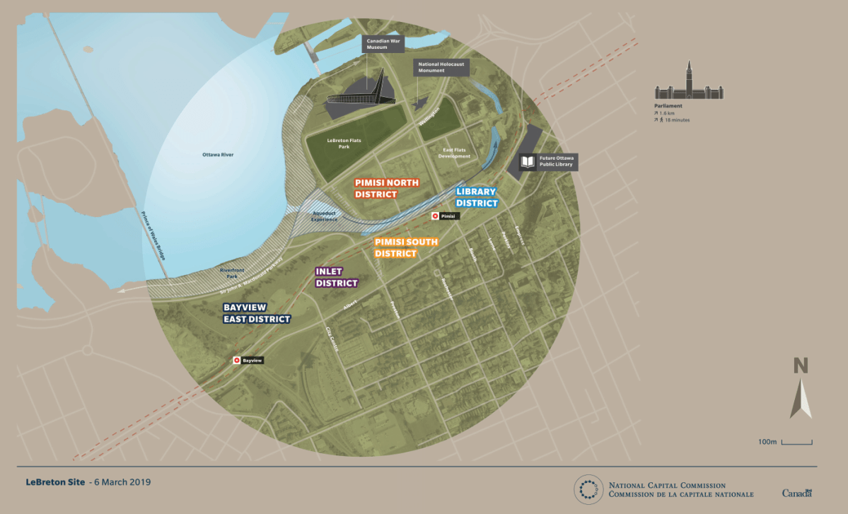 As it moves forward with the development of LeBreton Flats, the National Capital Commission (NCC) says it plans to build up the massive site in stages, starting with the Library District. That parcel of land is near where Ottawa’s new central library will be located and the Pimisi transit station.