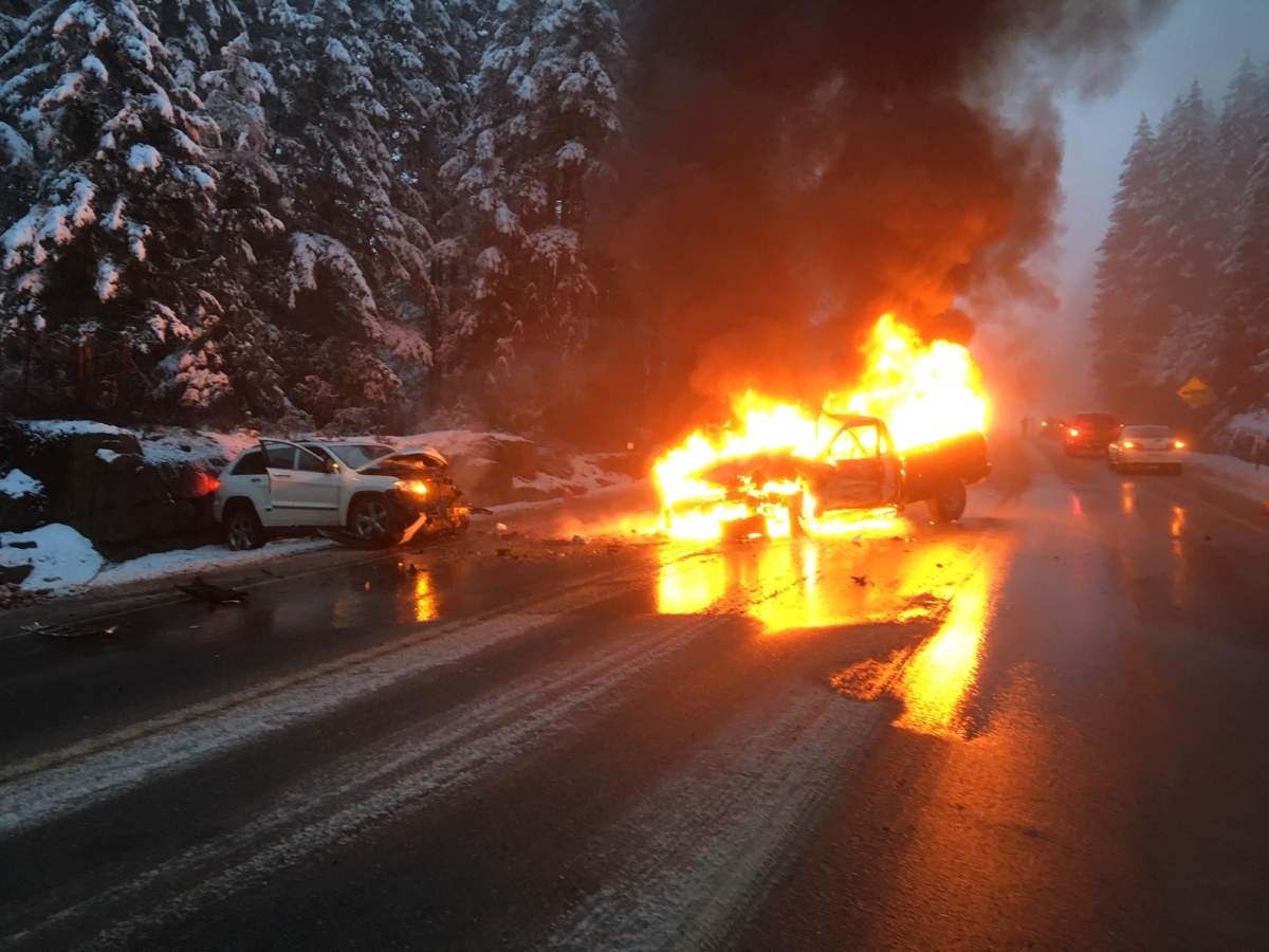 The driver of this pickup truck survived thanks to three 'heroes' who helped pull him to safety, says Port Alberni's fire chief. 