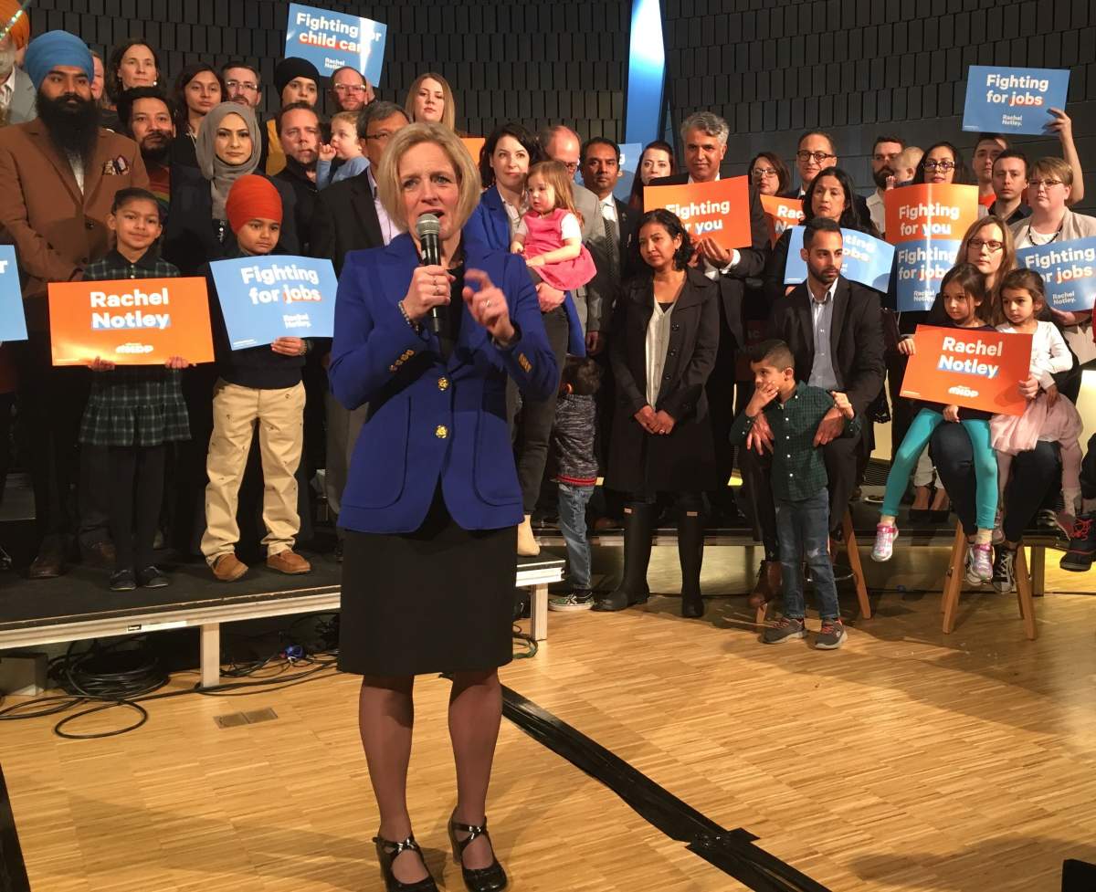Alberta NDP leader Rachel Notley holding a news conference in Calgary to drop the writ, triggering the 2019 Alberta election. March 19, 2019.