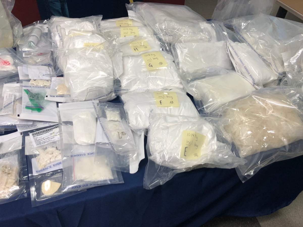 RCMP show off the large variety of drugs seized during raids in Red Deer, Calgary, Airdrie and Rocky View County in August 2018. Photo taken in Red Deer, Alta. on Wednesday, March 7, 2019.