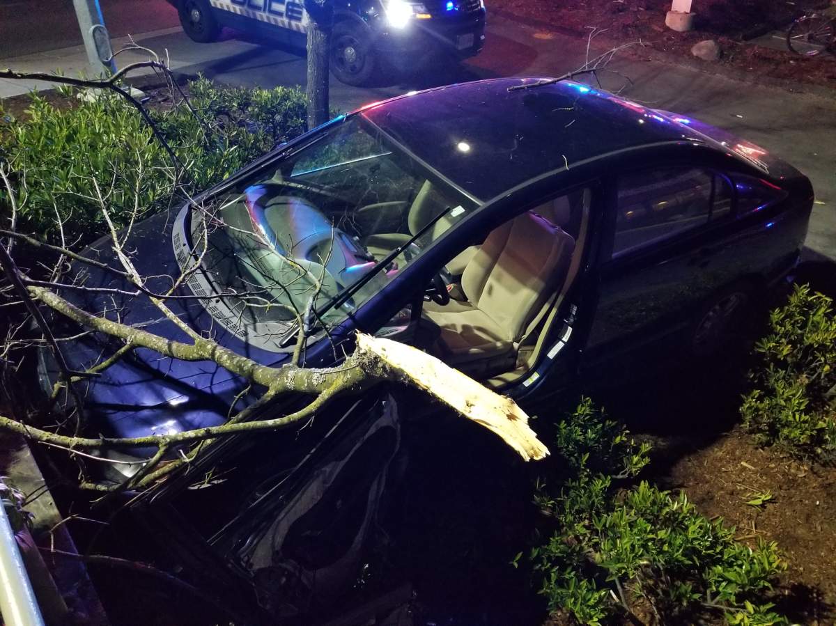 Police say this Honda Civic crashed into several vehicles and a retaining wall as a man allegedly tried to carjack it. 