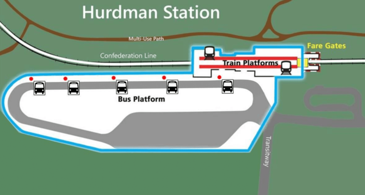 A map of Hurdman transit station in Ottawa, once the LRT line opens. Passengers arriving at the four major transfer stations, including Hurdman, will be dropped off in a fare-paid zone, so they can walk directly to the LRT or bus platform without have to tap their Presto card again or show proof of payment.