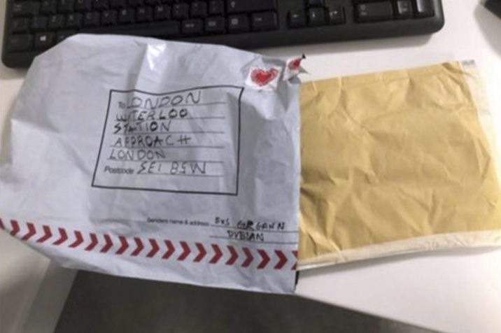 In this handout photo provided by Sky News, a suspect package that was sent to Waterloo station is seen in England, Tuesday, March 5, 2019.
