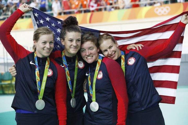 Silver medal winners USA Jennifer Valente, Chloe Dygert, Kelly Catlin and Sarah Hammer pose after the medal ceremony for the women’s Team Pursuit final of the Rio 2016 Olympic Games Track Cycling events at the Rio Olympic Velodrome in the Olympic Park in Rio de Janeiro, Brazil, 13 August 2016.