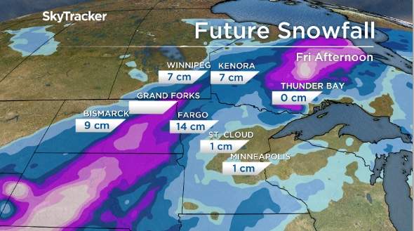 The track of this storm looks to follow a similar path of the one on the weekend, but will see snow spread out a bit further north.