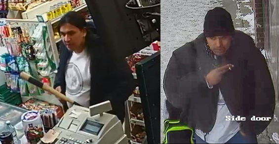 Police are looking for this man, who was captured on surveillance cameras in two commercial robberies. 