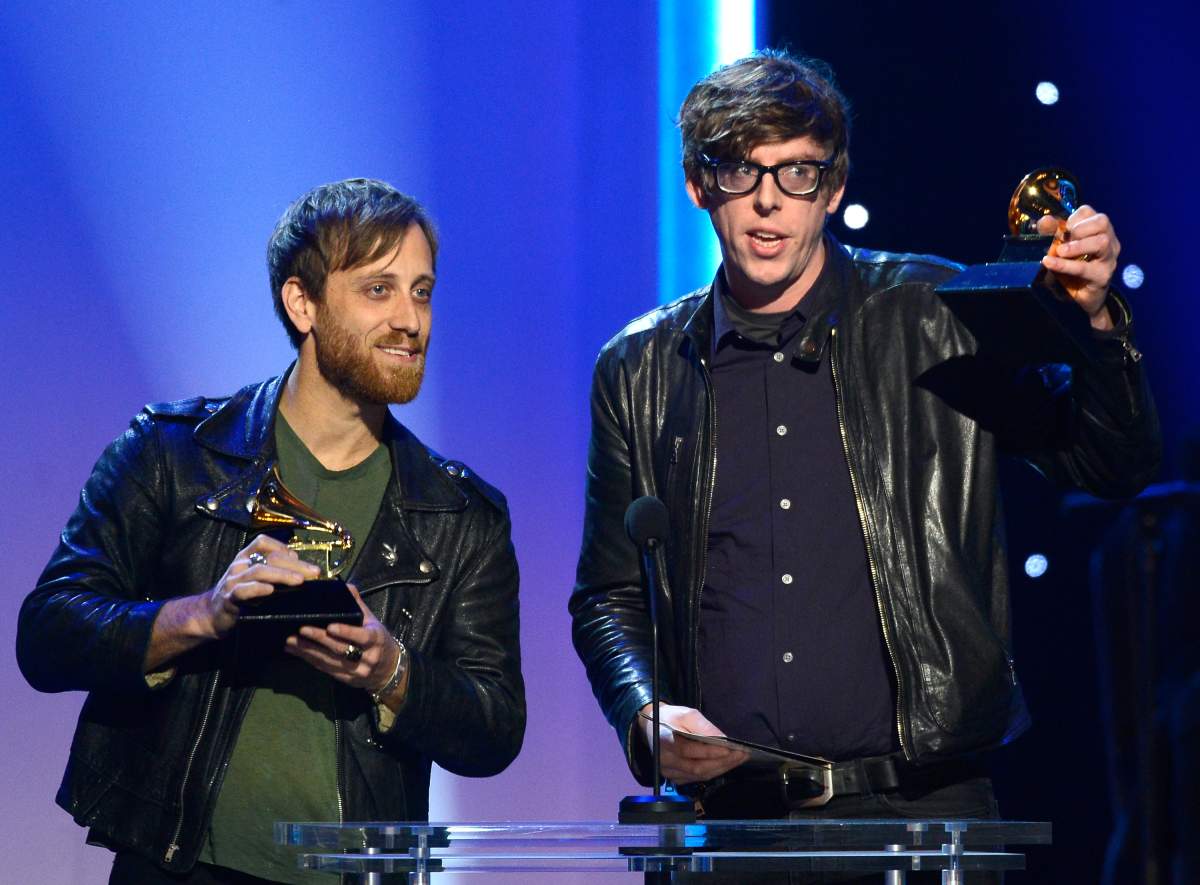 Dan Auerbach (L) and Patrick Carney of The Black Keys accept the ‘Best Rock Album’ award for ‘El Camino’ onstage at the The 55th Annual Grammy Awards at Nokia Theatre on Feb. 10, 2013, in Los Angeles, Calif.