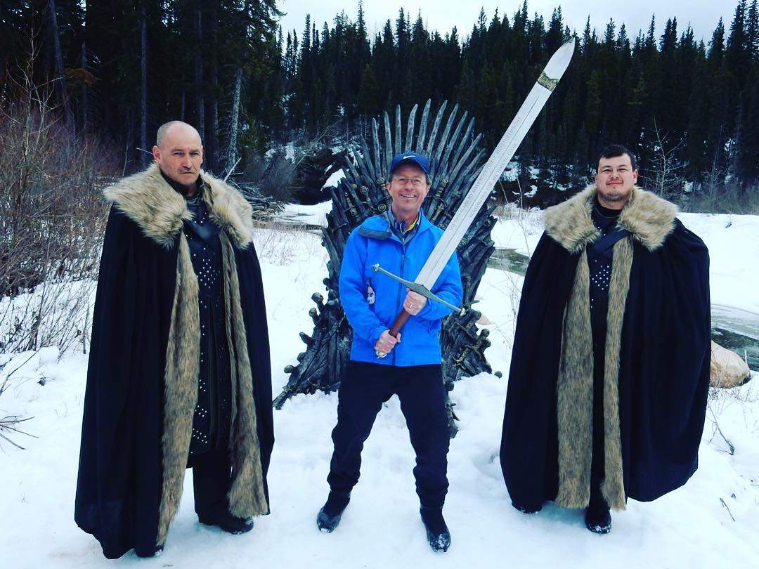 Kevin Sharman wields a giant sword after finding the Iron Throne near Tumbler Ridge.