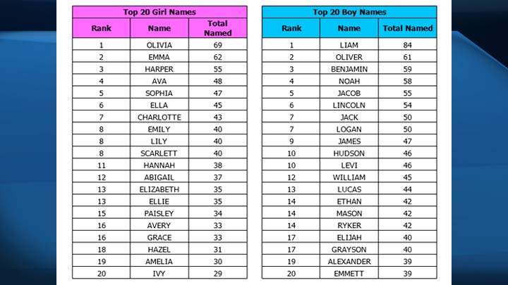 Lists of the top 20 baby names in 2018 for girls and boys were released by eHealth Saskatchewan on March 12.