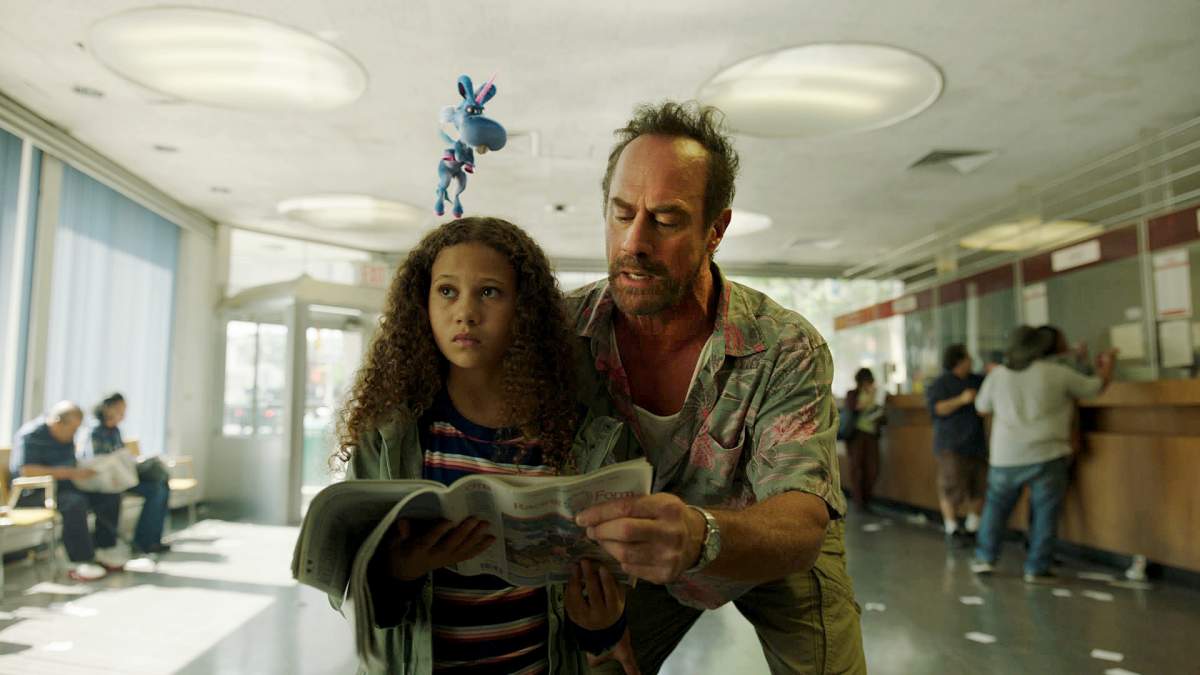 HAPPY! — “Tallahassee” Episode 202 — Pictured: (l-r) Bryce Lorenzo as Hailey Hansen, Patton Oswald as Happy!, Chris Meloni as Nick Sax — (Photo by: SYFY)