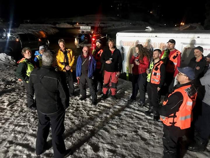 Members of Vernon Search and Rescue, seen here, conducted a probe search at one of the avalanches at SilverStar on Wednesday.