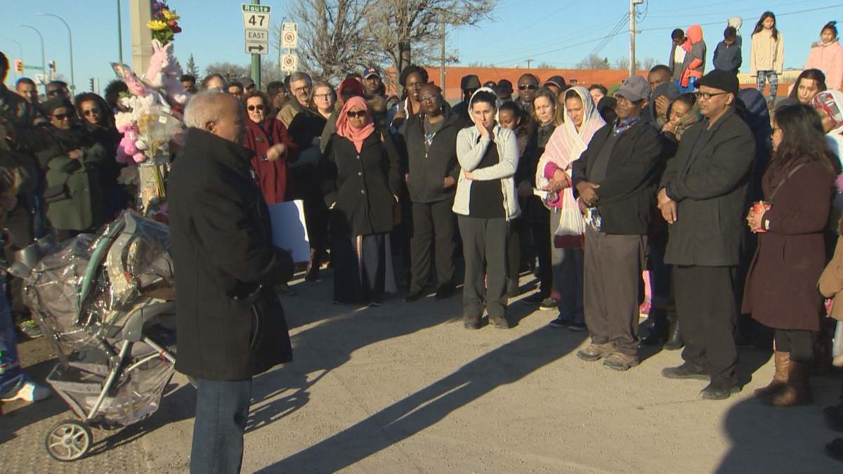 A large crowd was on hand at the vigil at the corner of Isabel and Alexander, where the four-year-old girl was hit and killed.