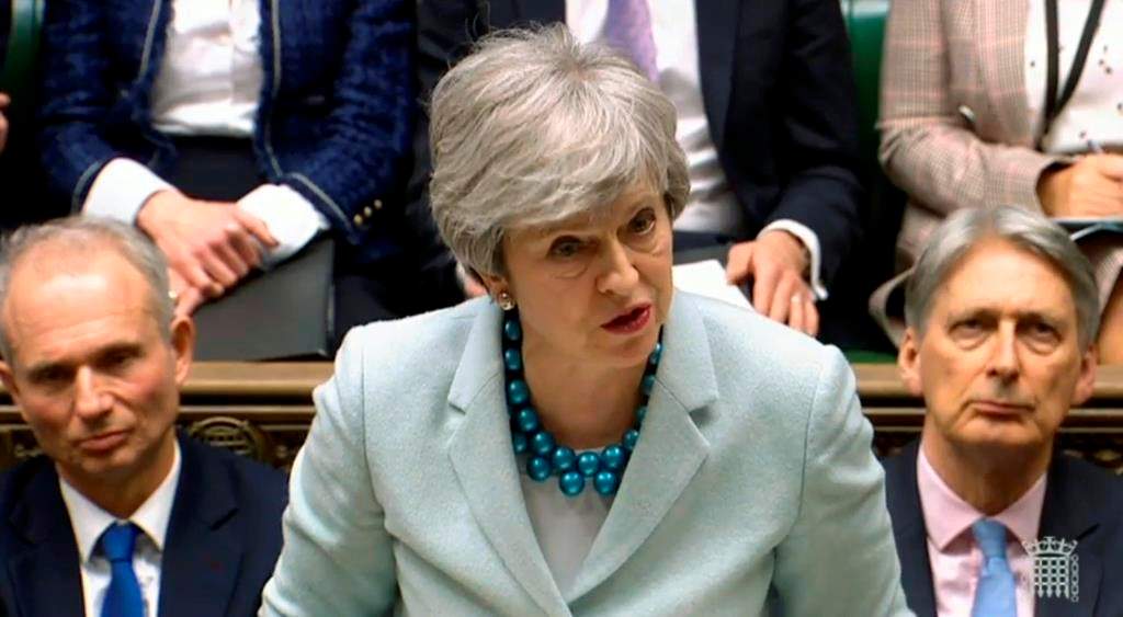 FILE - Britain's Prime Minister Theresa May makes a statement on Brexit to lawmakers in the House of Commons, London, Monday March 25, 2019.