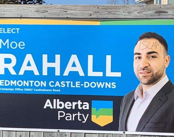 Alberta Party candidate Moe Rahall has had this election sign in Castle Downs, Edmonton, vandalized several times. April 4, 2019.