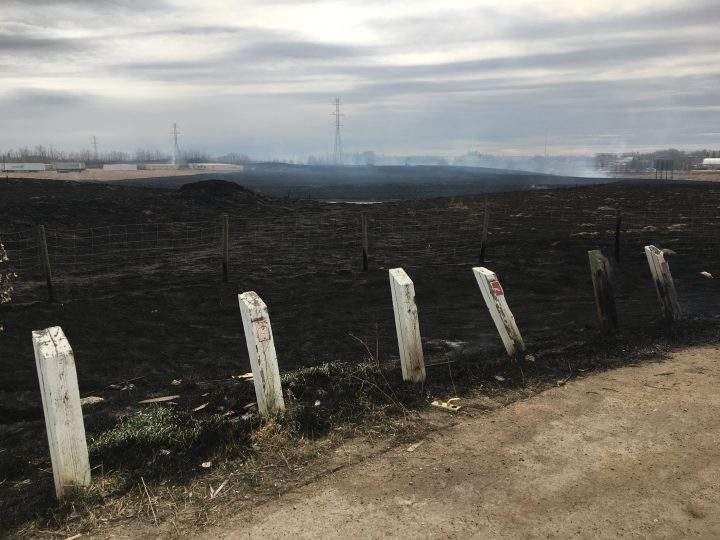 A grass fire in Edmonton near the Henday and Yellowhead Trail, on Monday, April 22, 2019.