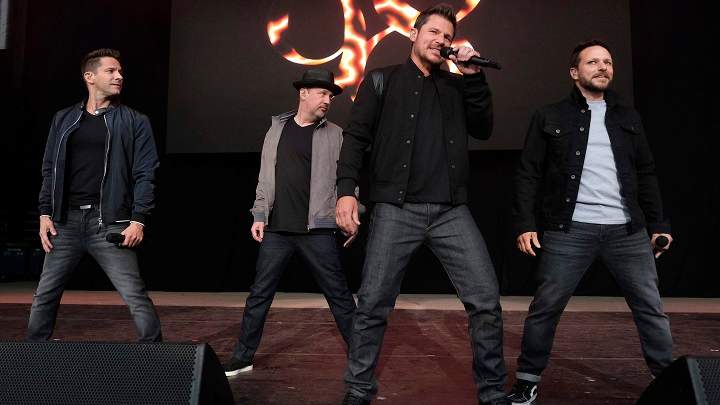 98 Degrees band members, from left, Jeff Timmons, Justin Jeffre, Nick Lachey and Drew Lachey perform at KTUphoria 2018 at Jones Beach Theater on June 16, 2018, in Wantagh, N.Y. 