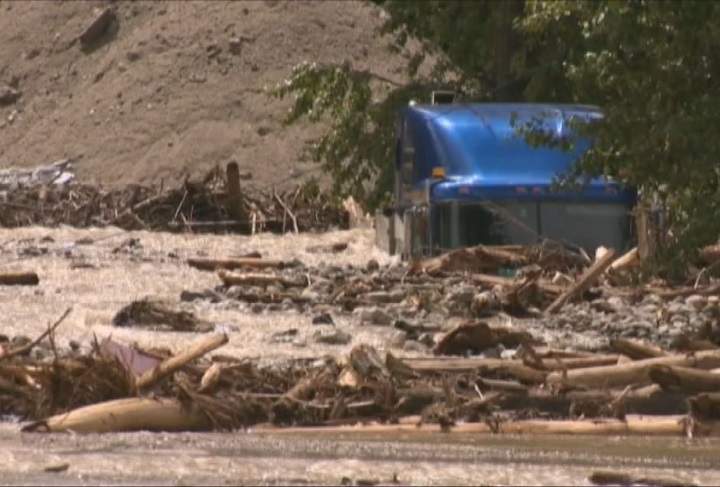 A semi was swamped when Sicamous Creek spilled its banks in 2012, causing devastating damage.