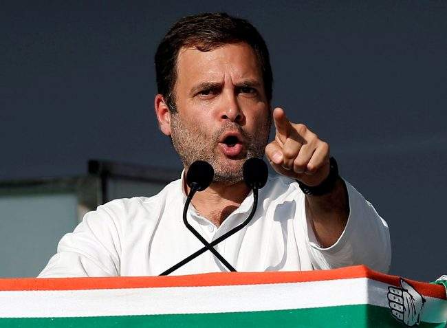 Rahul Gandhi, President of India’s main opposition Congress party, addresses his party’s supporters during a public meeting in Gandhinagar, Gujarat, India, March 12, 2019.