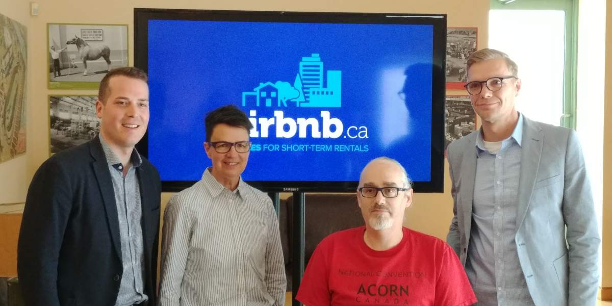 Councillors Mathieu Fleury and Catherine McKenney, Blaine Cameron from Ottawa ACORN and Thorben Wieditz from Fairbnb speak at Ottawa city hall on April 9, 2019.
