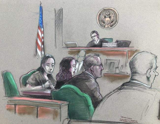 In this artist sketch, a Chinese woman, Yujing Zhang, left, listens to a hearing Monday, April 8, 2019, before federal Magistrate Judge William Matthewman in West Palm Beach, Fla.