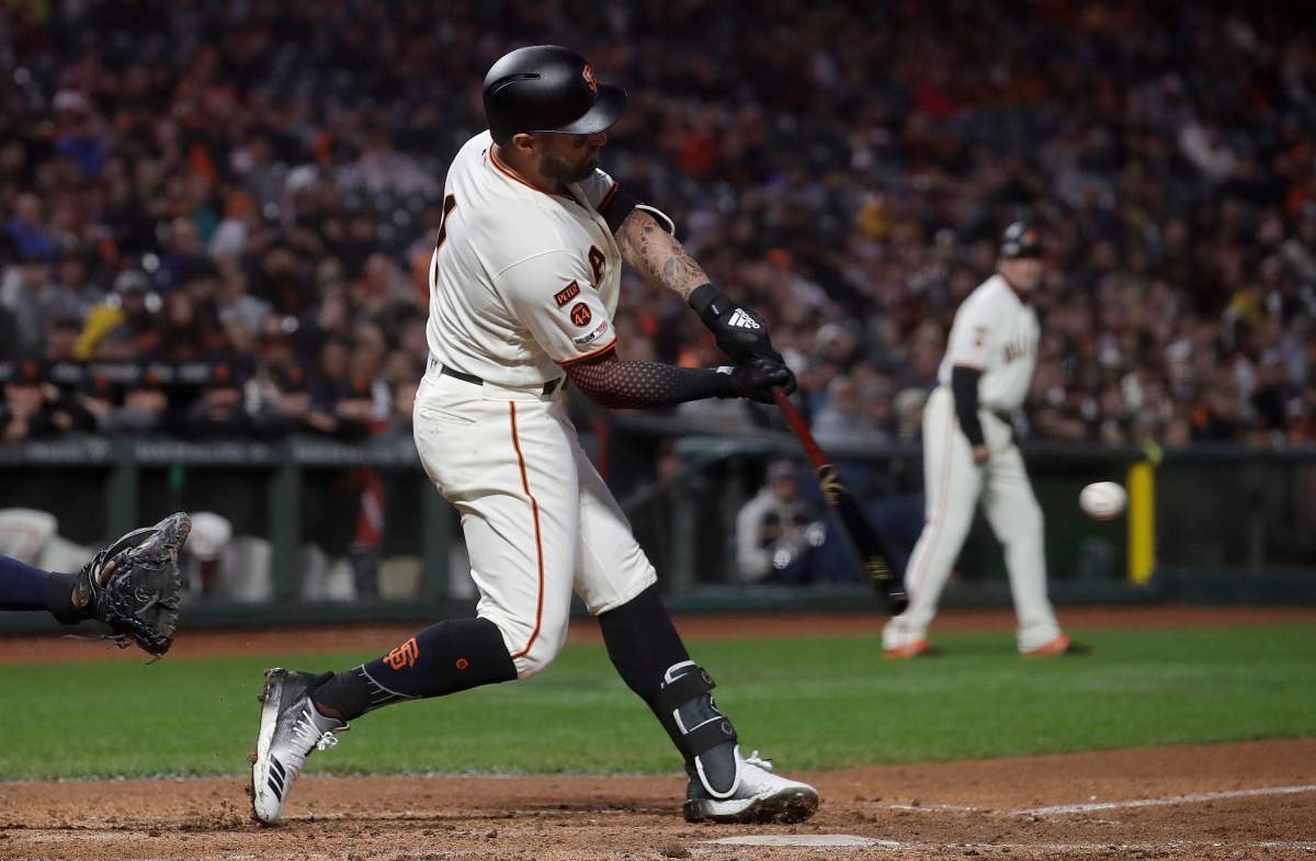 San Francisco Giants’ Kevin Pillar hits a grand slam against the San Diego Padres during the fourth inning of a baseball game in San Francisco, Monday, April 8, 2019. (AP Photo/Jeff Chiu)