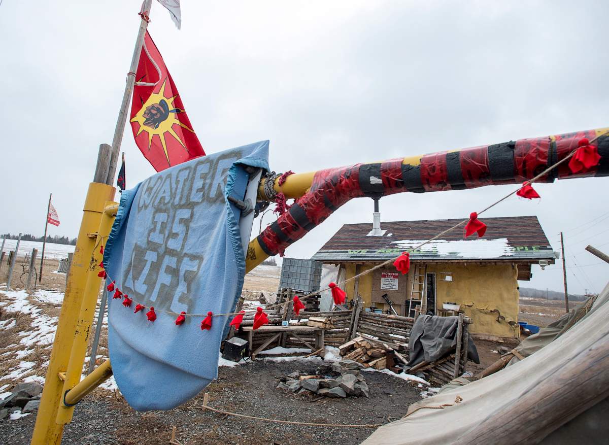 The Mi’kmaq camp at the construction site where Alton Gas Storage is planning to discharge brine into the waterways, is empty in Fort Ellis, N.S. on Wednesday, April 10, 2019.