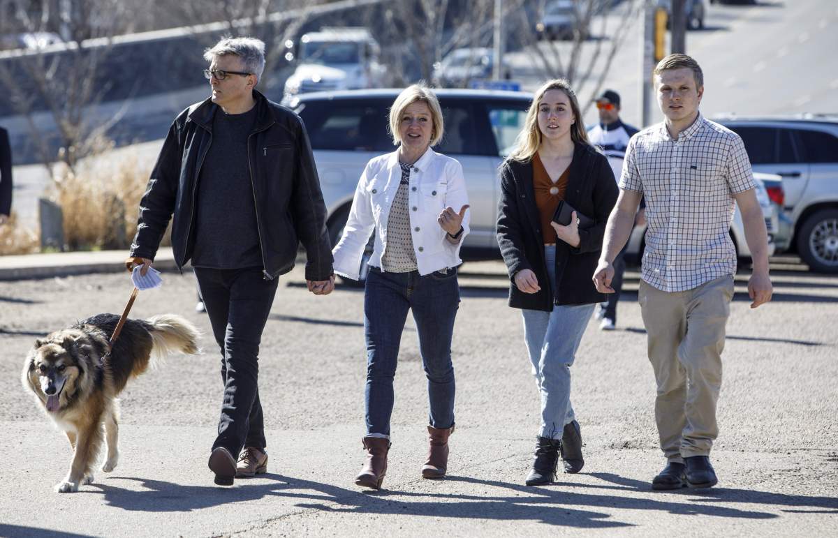 Alberta NDP Leader Rachel Notley, her husband Lou Arab, daughter Sophie Arab and son Ethan Arab arrive to vote in the provincial election in Edmonton on Tuesday, April 16, 2019.