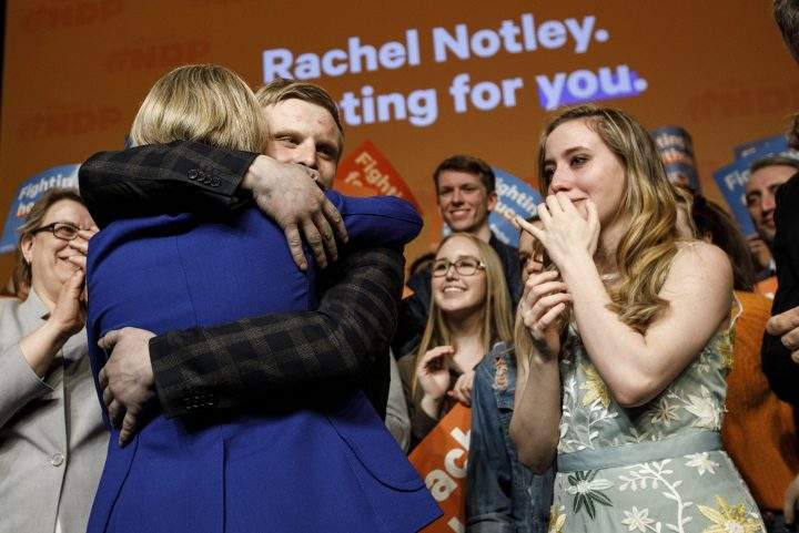 After delivering her concession speech, NDP Leader Rachel Notley hugs her son Ethan Notley as daughter Sophie Arab looks on in Edmonton Alta, on Tuesday April 16, 2019.