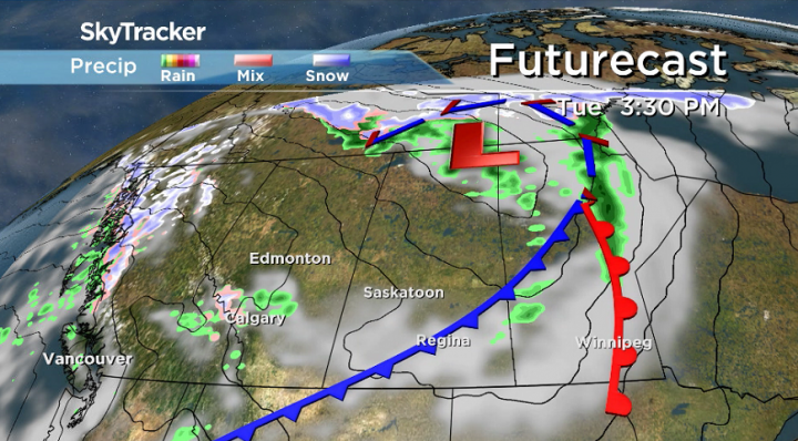 A cold front will swing through Saskatchewan on Tuesday and kick up gusty northwesterly winds.