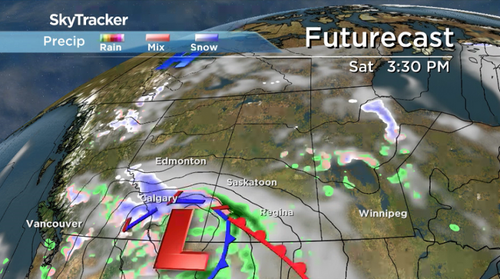 A low-pressure system pushing into southern Saskatchewan will spread rain into the province on Saturday.