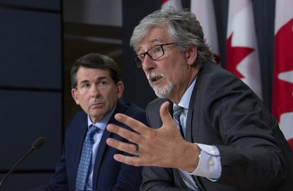 British Columbia Privacy Commissioner Michael McEvoy looks on as Canada's Privacy Commissioner Daniel Therrien (right) speaks during a news conference, Thursday, April 25, 2019 in Ottawa. THE CANADIAN PRESS/Adrian Wyld.