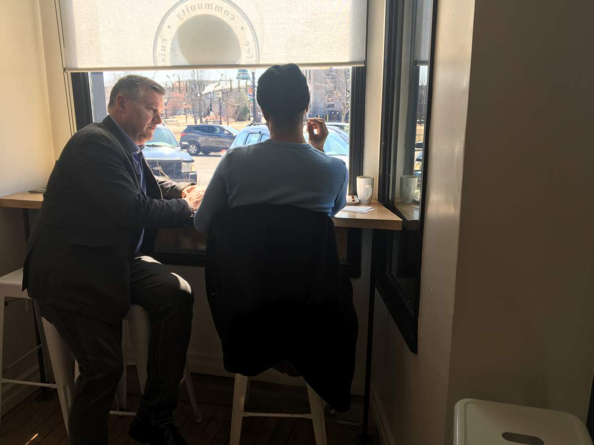 Liberal candidate Allan Thompson campaigns in coffee shops across the rural Ontario riding he’s hoping to win.