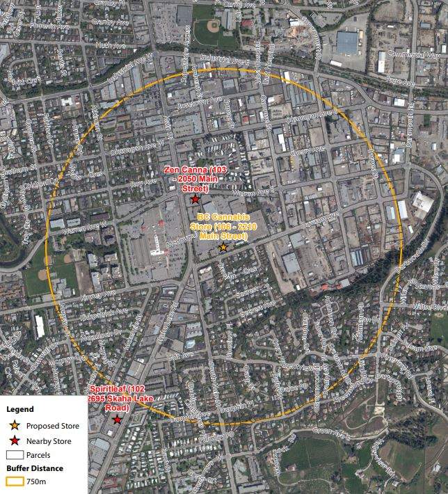 This map shows the 750-metre buffer zone around the proposed B.C. Cannabis Store in Penticton at 106-2210 Main St.