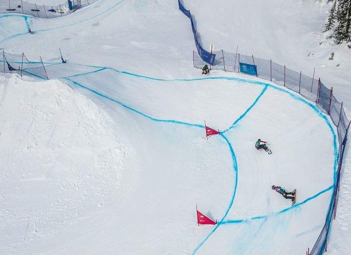An overhead view of a snowboardcross course.