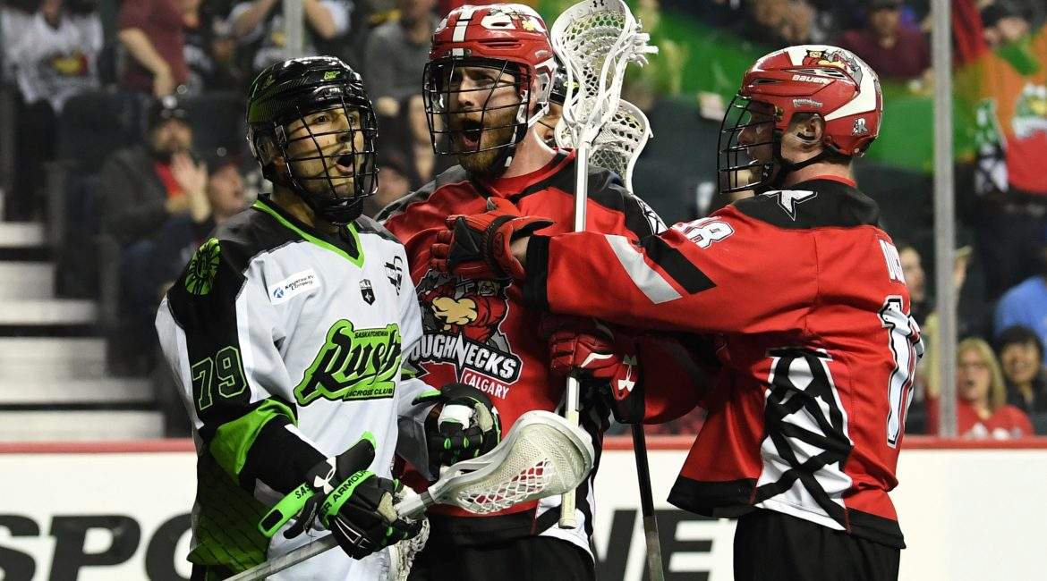 Dane Dobbie and Tyler Pace each had four goals to lead the Calgary Roughnecks over the Saskatchewan Rush 18-8 before a record crowd at Scotiabank Saddledome.