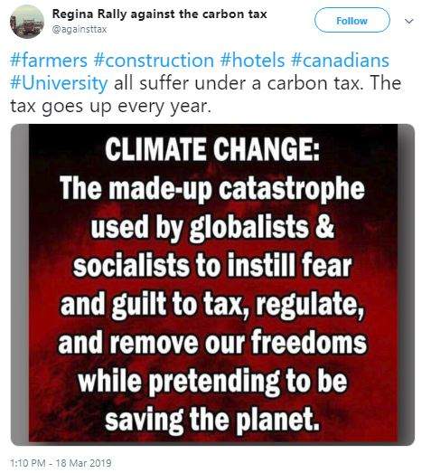 A now deleted tweet from the Regina Rally Against the Carbon Tax twitter account from March 18, 2019.
