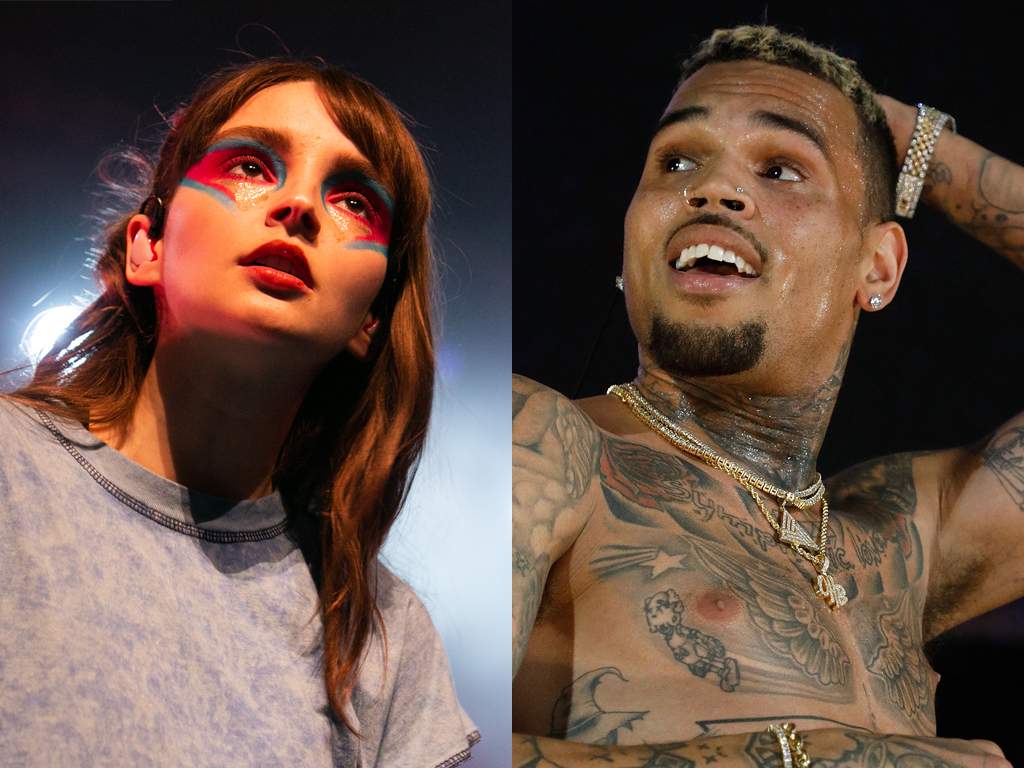 (L-R) Lauren Mayberry of Chvrches and Chris Brown.