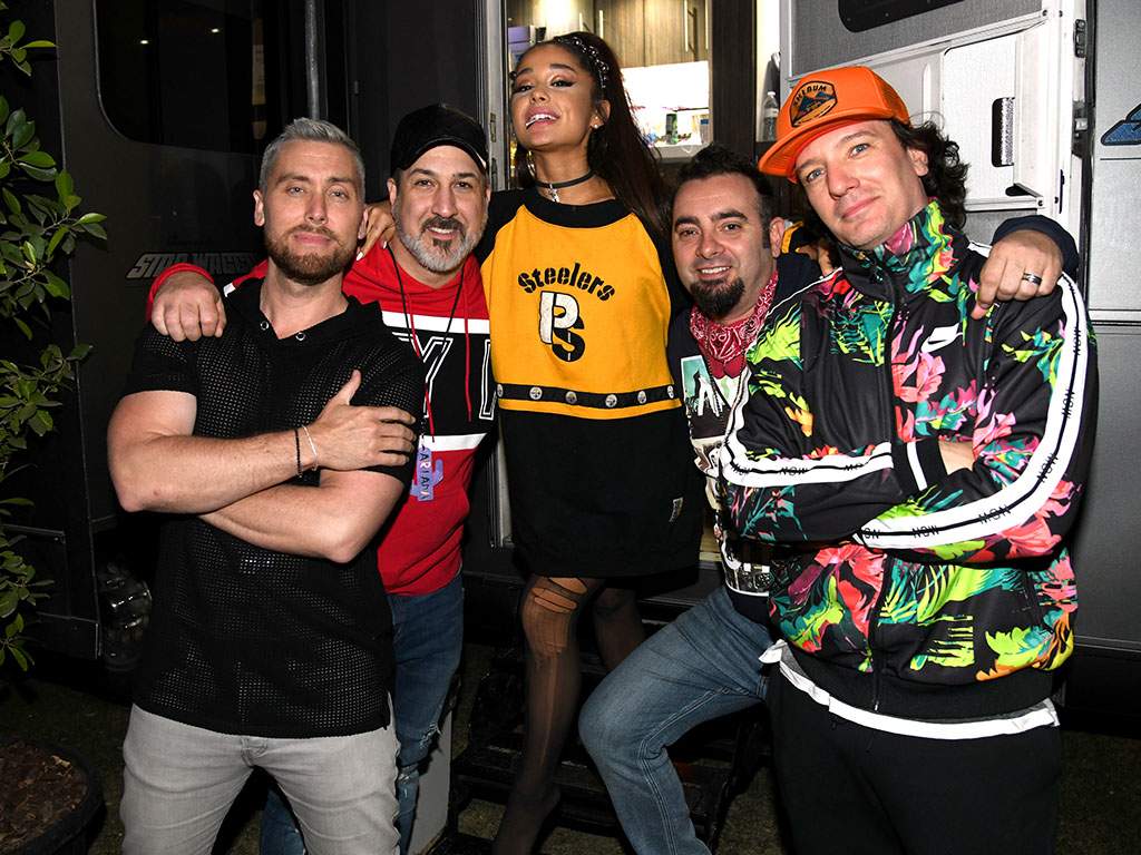 Ariana Grande (C) with members of NSYNC Lance Bass, Joey Fatone, Chris Kirkpatrick and JC Chasez attend 2019 Coachella Valley Music And Arts Festival on April 14, 2019 in Indio, California.