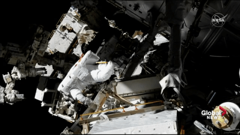 Canadian David Saint Jacques and colleague Anne McClain perform a spacewalk on April 8. 2019.