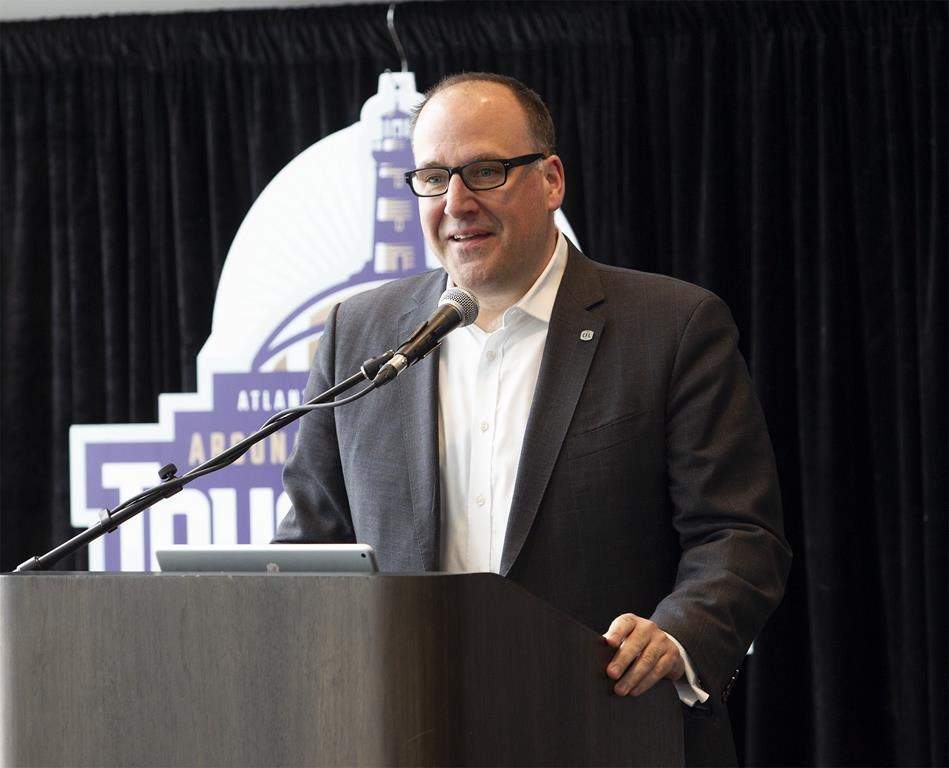 Anthony LeBlanc, Founding Partner, Schooners Sports and Entertainment, speaks at a press conference in Moncton, N.B., on Friday, March 29, 2019.