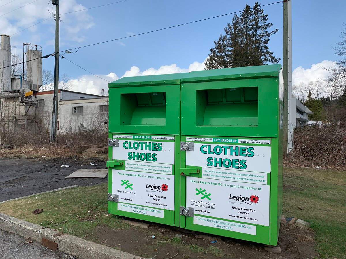 "Green Inspiration" clothing donation bin found on private property in Burnaby, BC.