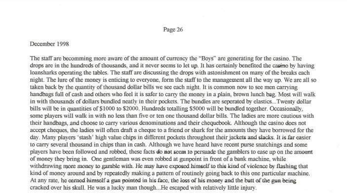 A copy of a casino whistleblower’s journal describes fears surrounding high-rollers carrying massive amounts of cash and the perceived threat of robbery.