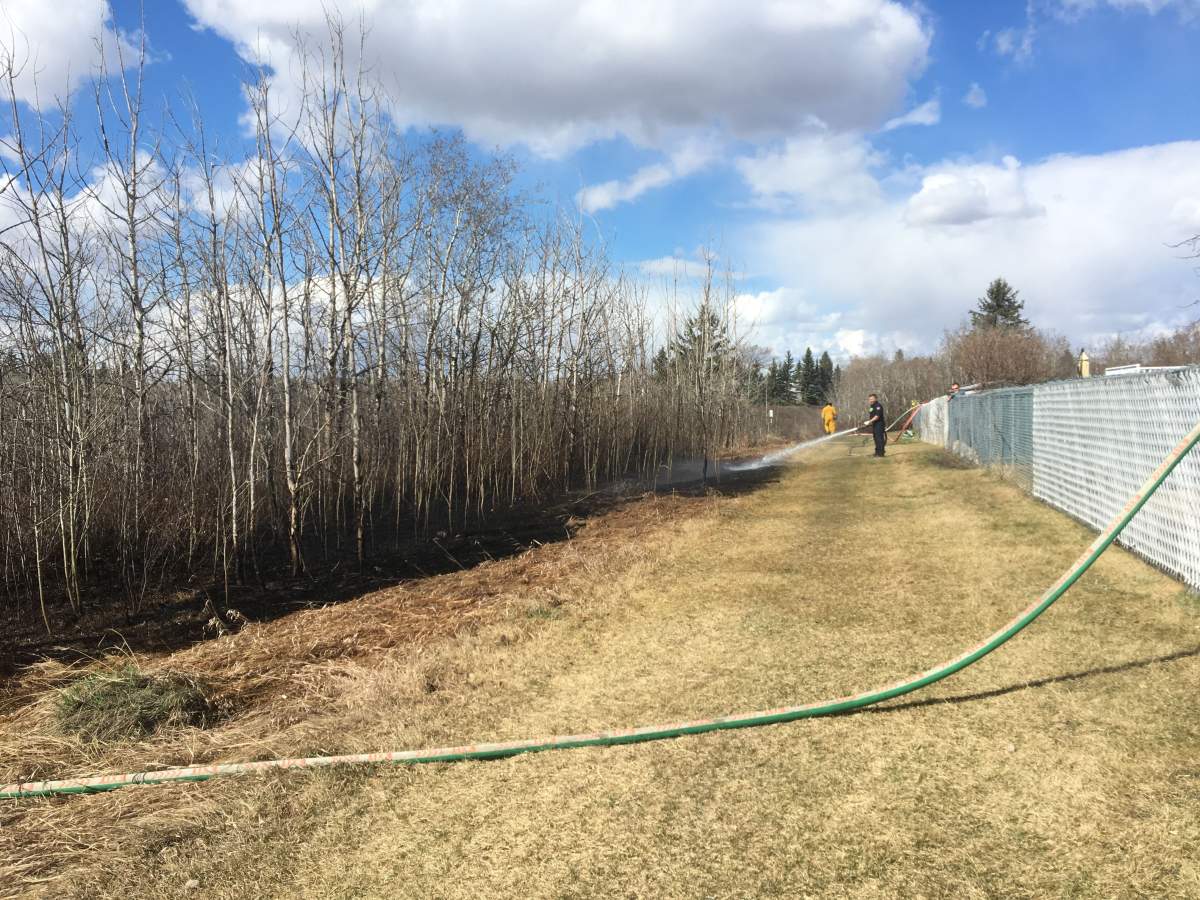 Edmonton fire crews battle a brush fire at a northeast ravine, Saturday, April 20, 2019. 