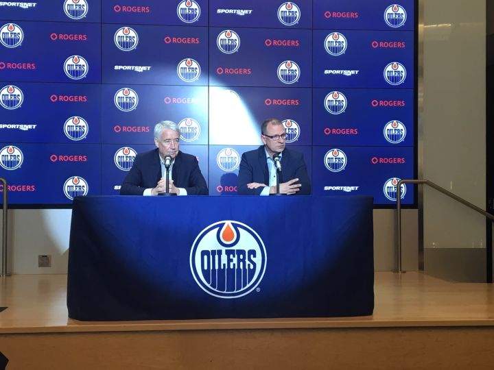 Edmonton Oilers CEO Bob Nicholson and interim GM Keith Gretzky speak at end-of-season media availability Monday, April 8, 2019.